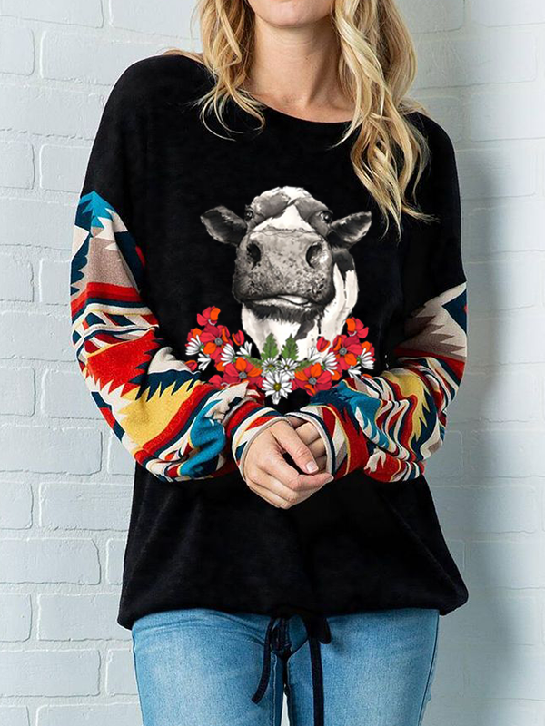 Women's Flower Cow Print Long Sleeve T-shirt