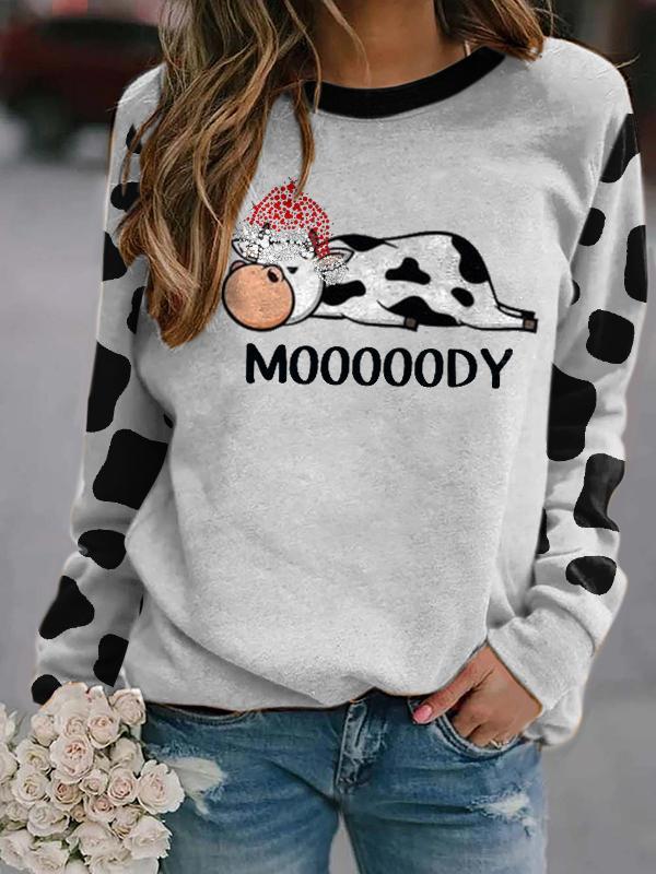 Women's Cozy Cow Wearing With Christmas Hat Print Round Neck Sweatshirt