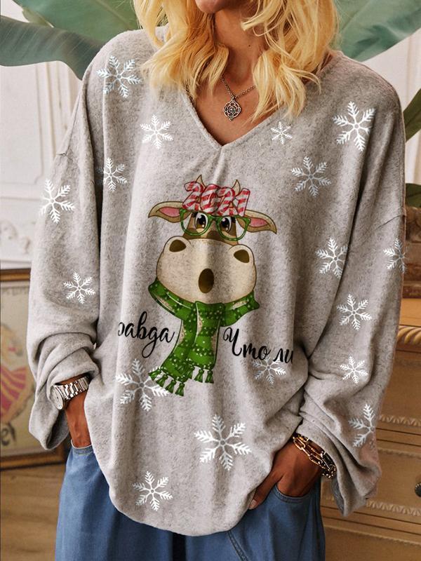 Women's Christmas Cow and Snowflakes Print V-neck Casual T-shirt