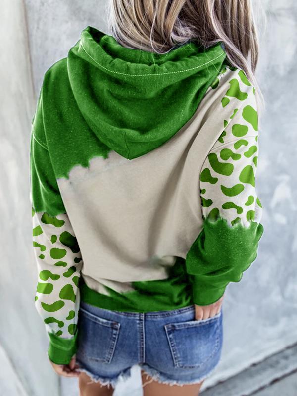 Women's Christmas Cow Print Tie Dye Pocketed Drawstring Hoodie