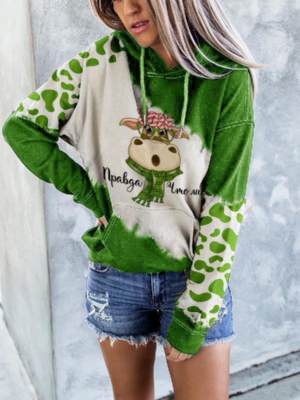 Women's Christmas Cow Print Tie Dye Pocketed Drawstring Hoodie