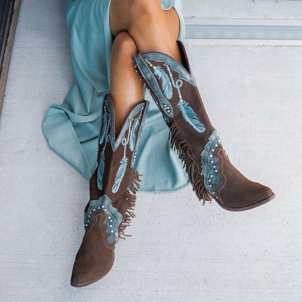 Women Feather Embroidery Western Boots Cowgirl Boots