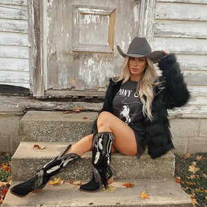 Women Feather Embroidery Western Boots Cowgirl Boots