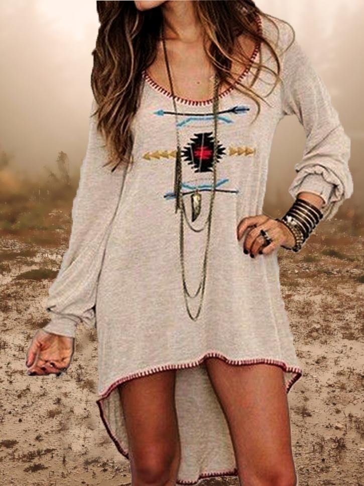 Western Style Ethnic Printing Long-Sleeved Round Neck T-Shirt