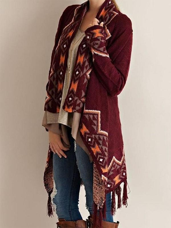 Aztec Tassel Asymmetric Bottom Cardigan