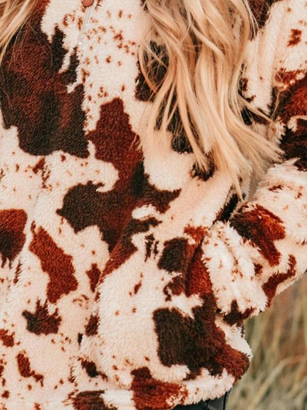Cow Print Zip Collar Fleece Sweatshirt