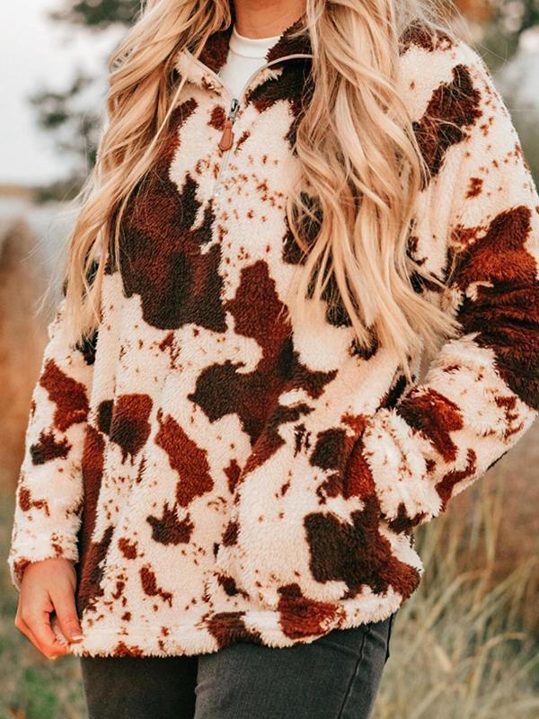 Cow Print Zip Collar Fleece Sweatshirt