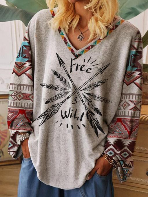 Western Style Ethnic Feather Free Wild Print Long-Sleeved V-Neck T-Shirt WZWT30083