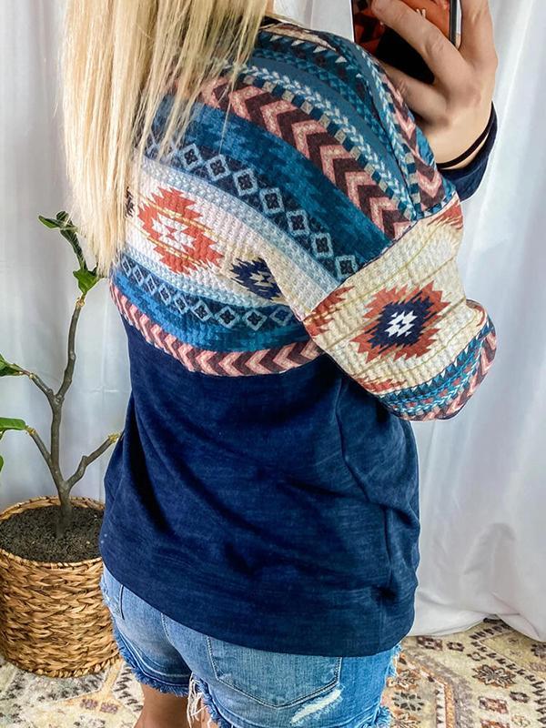 Women's Loose Retro Ethnic Print Long Sleeve Top