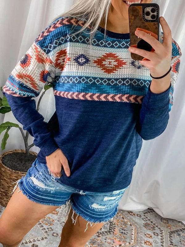 Women's Loose Retro Ethnic Print Long Sleeve Top