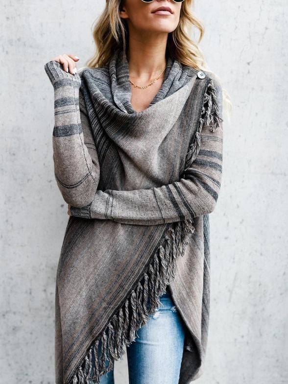 Ladies Mid-length Slim-fit Fashion Fringed Striped Coat