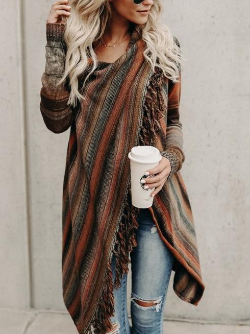 Ladies Mid-length Slim-fit Fashion Fringed Striped Coat