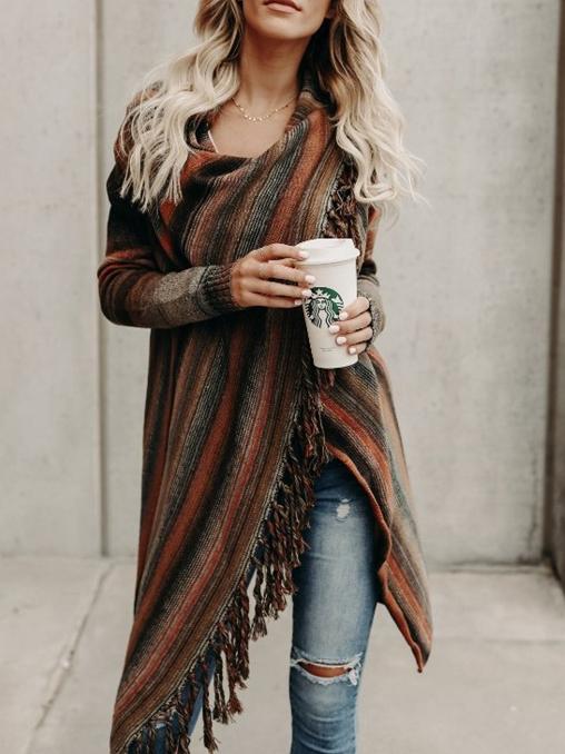 Ladies Mid-length Slim-fit Fashion Fringed Striped Coat