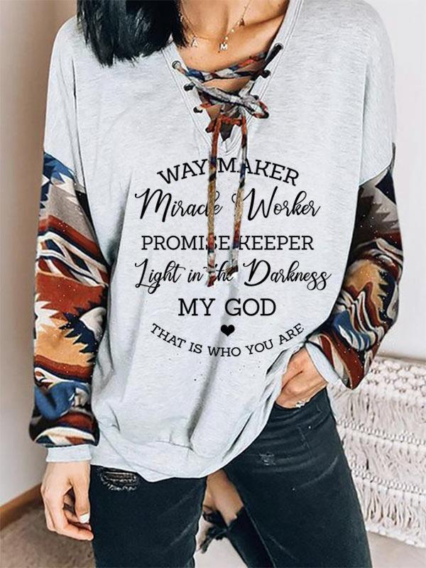 Women's Way Maker Miracle Worker Promise Keeper Light In The Darkness My God That Is Who You Are casual contrast sweatshirt