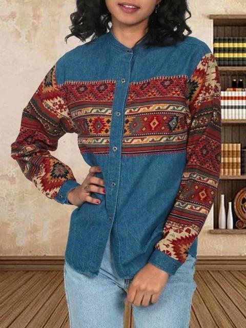 Vintage Western Geometric Print Patchwork Denim Jacket
