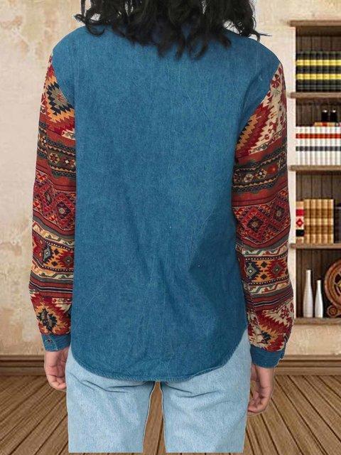 Vintage Western Geometric Print Patchwork Denim Jacket