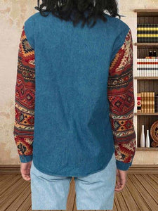 Vintage Western Geometric Print Patchwork Denim Jacket