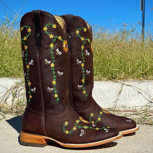 Women Bee Flower Embroidered Cowgirl Boots