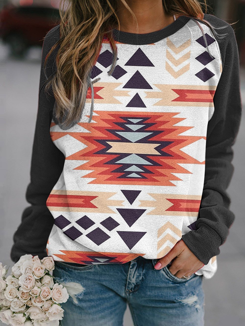 Women's Vintage Western Geometric Print Sweatshirt