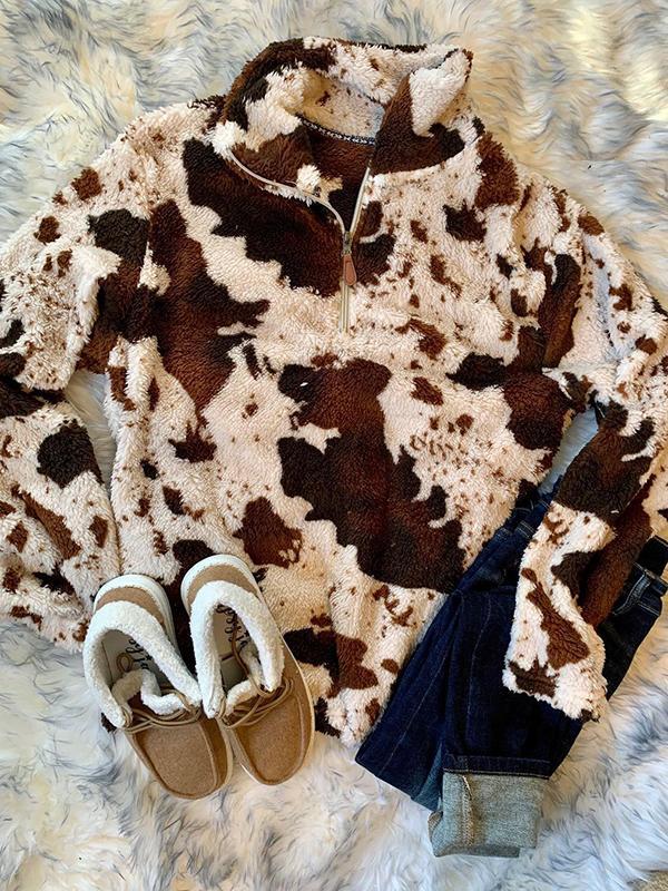 Cow Print Zip Collar Fleece Sweatshirt