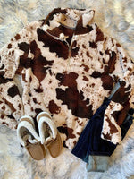 Load image into Gallery viewer, Cow Print Zip Collar Fleece Sweatshirt
