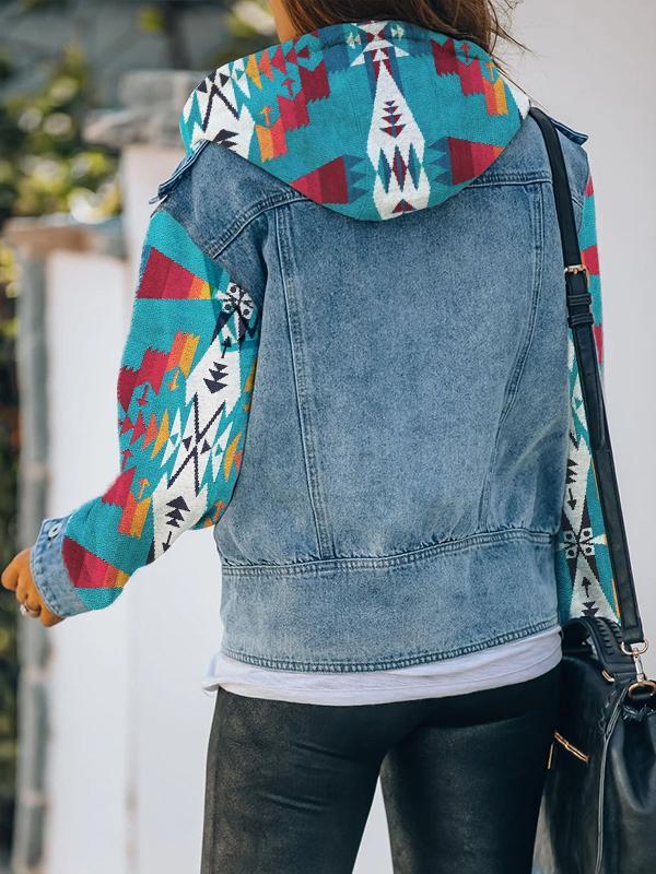 Aztec Patchwork Hooded Denim Jacket
