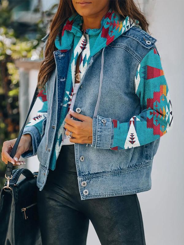 Aztec Patchwork Hooded Denim Jacket