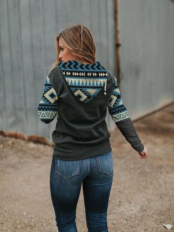 Ladies Western Pattern Patchwork Print Hoodie