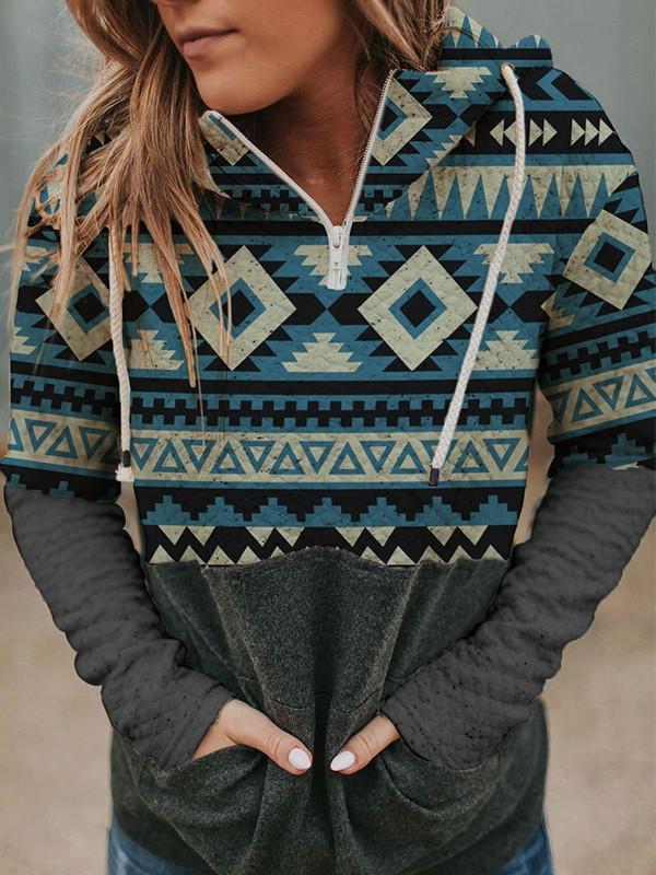 Ladies Western Pattern Patchwork Print Hoodie