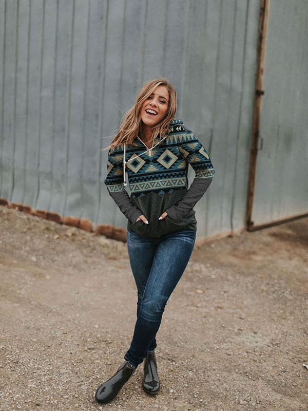Ladies Western Pattern Patchwork Print Hoodie