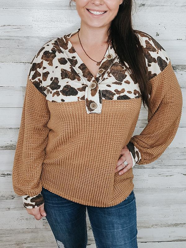 Cowhide Patchwork Button Up Knit Pullover