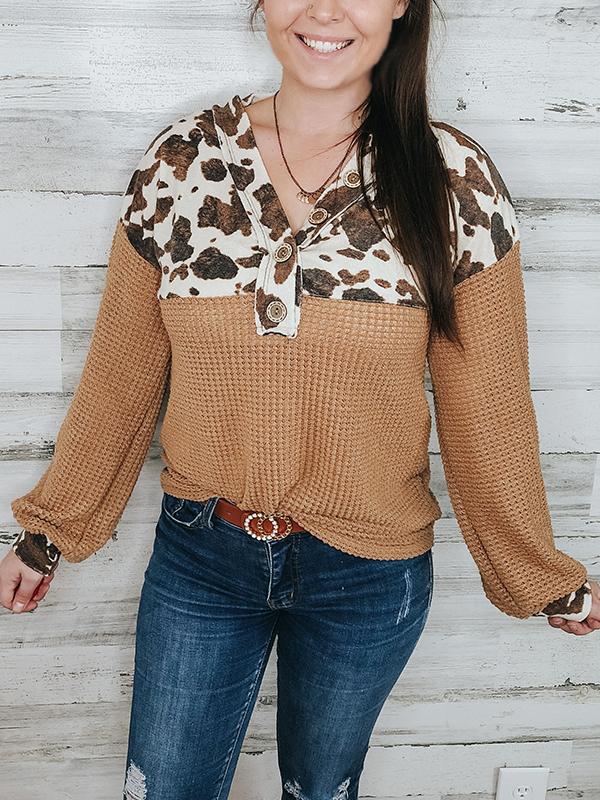 Cowhide Patchwork Button Up Knit Pullover