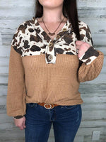 Load image into Gallery viewer, Cowhide Patchwork Button Up Knit Pullover

