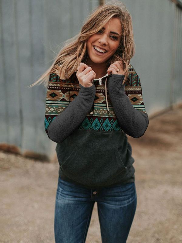 Ladies Western Pattern Patchwork Print Hoodie