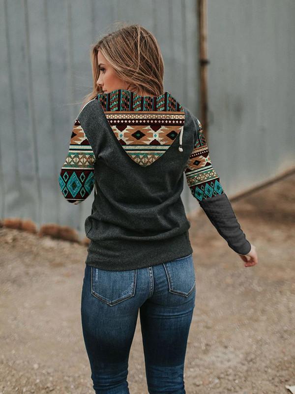 Ladies Western Pattern Patchwork Print Hoodie