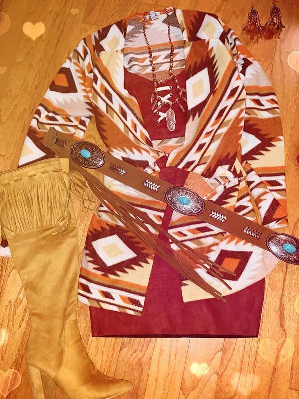 Women's western style casual diamond pattern printed knitted cardigan