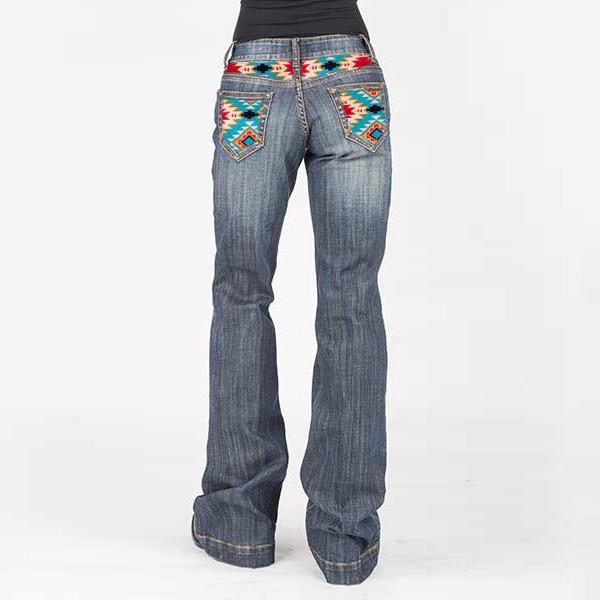 Western Aztec Patchwork Washed Bootcut Jeans