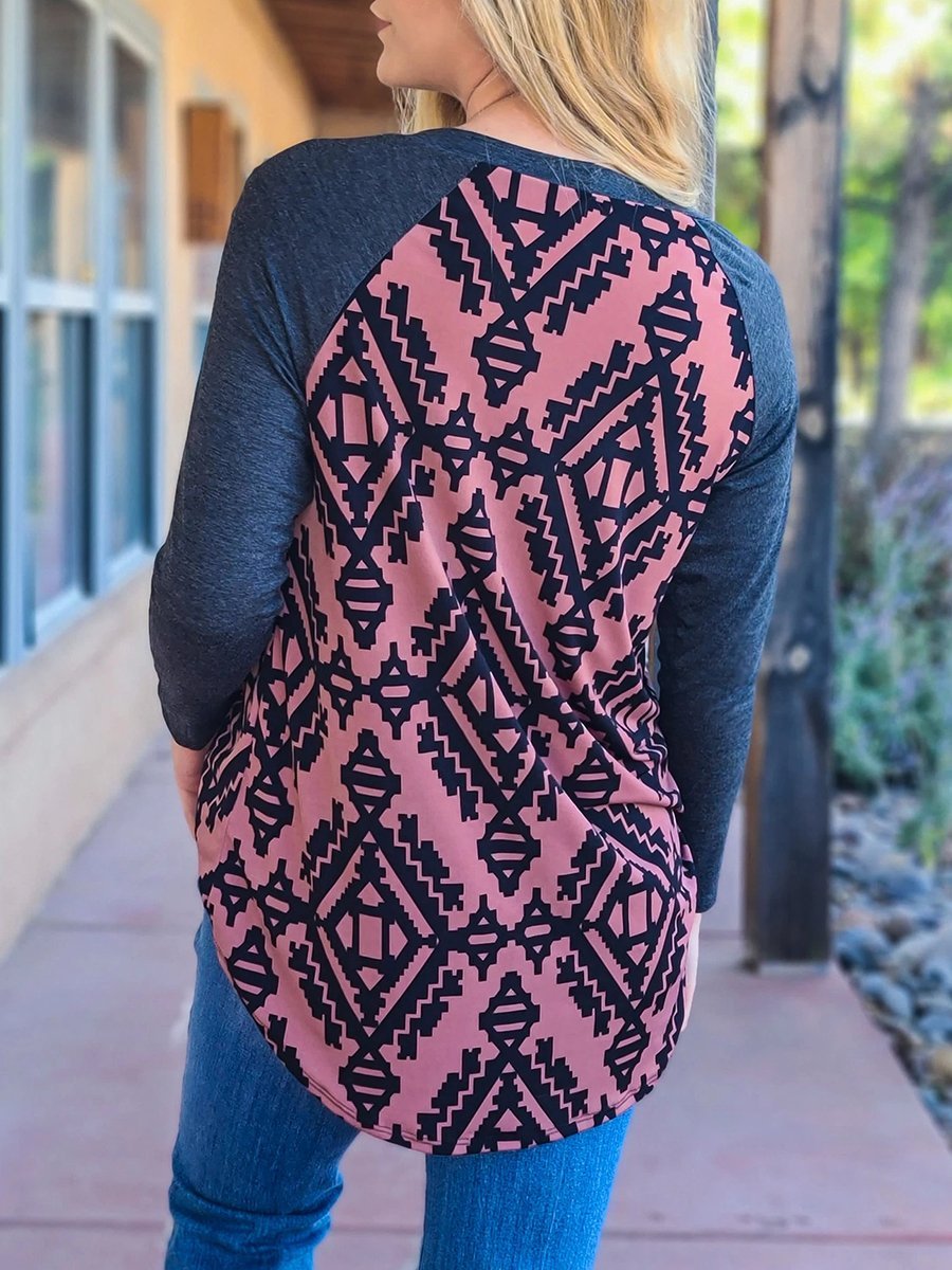 Women's Ethnic Geometric Print Round Neck Long Sleeve T-shirt