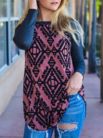 Load image into Gallery viewer, Women&#39;s Ethnic Geometric Print Round Neck Long Sleeve T-shirt
