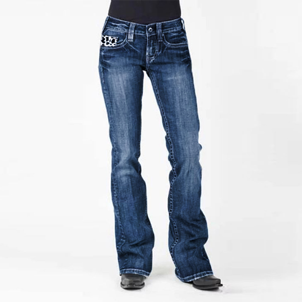Women's Stretch Mid-waist Washed Cow Pattern Pocket Boot-cut Jeans