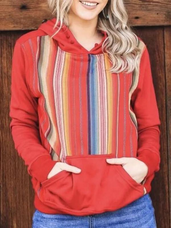 Women's retro stitching printed pocket hoodie