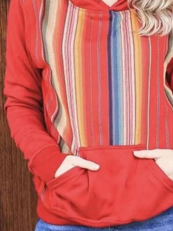 Women's retro stitching printed pocket hoodie