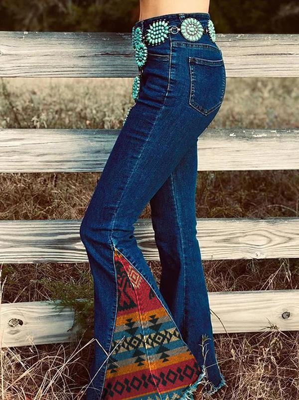 Women's Retro Stitching Ethnic Pattern Printed Jeans