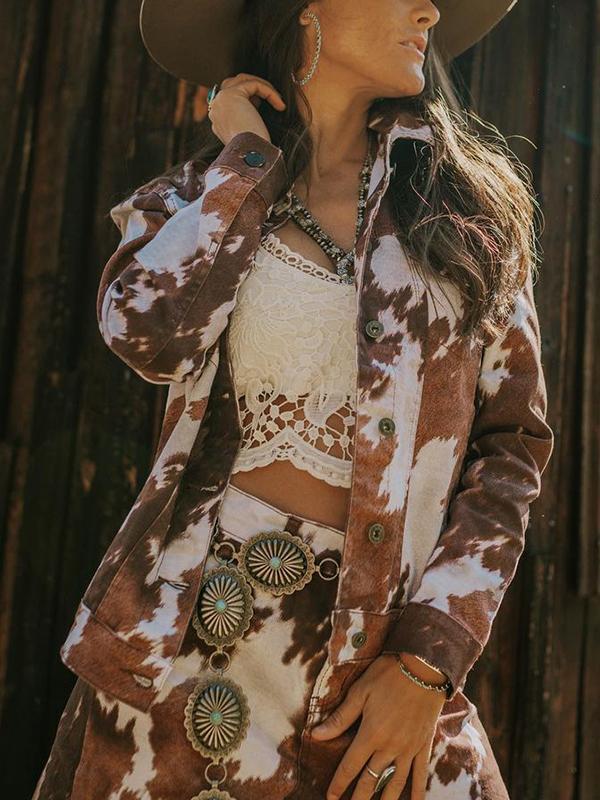 Western Retro Cow Pattern Denim Jacket