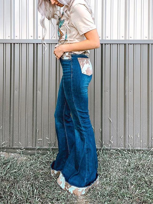 Western Cow Pattern Print Denim Fared Pants