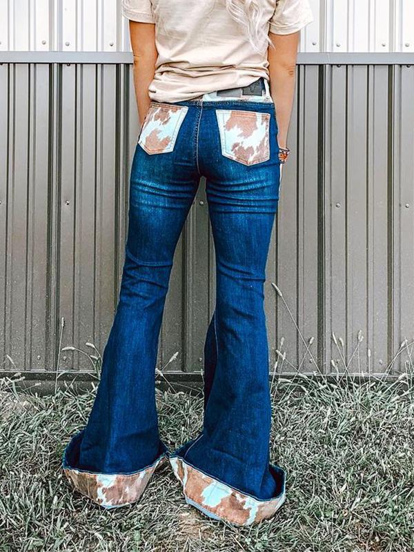 Western Cow Pattern Print Denim Fared Pants