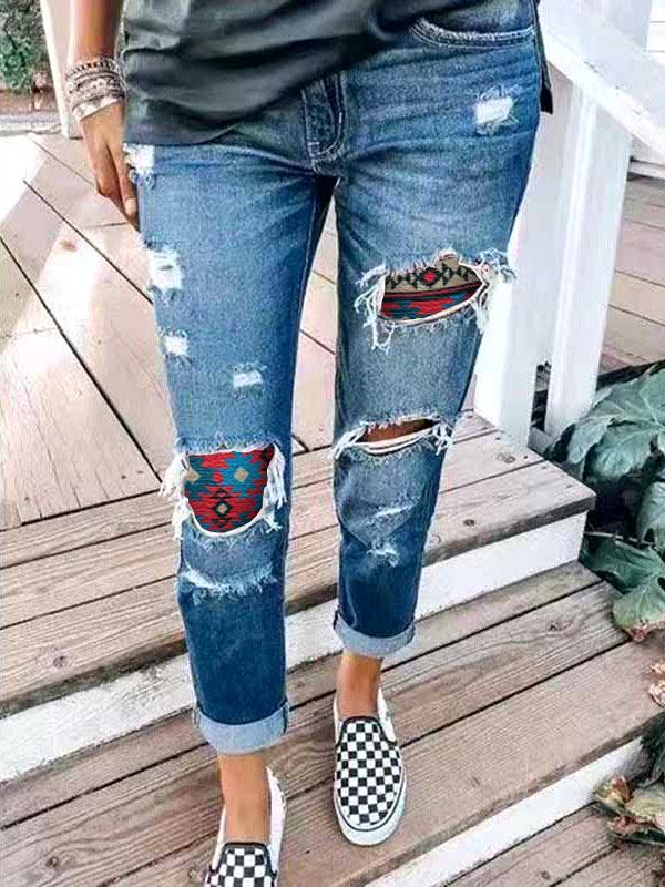 Women's Casual Ethnic Print Ripped Jeans