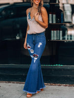 Load image into Gallery viewer, Women&#39;s Retro Ethnic Print Ripped Flared Jeans
