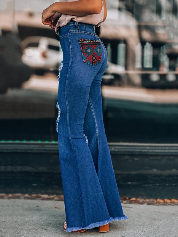 Women's Retro Ethnic Print Ripped Flared Jeans