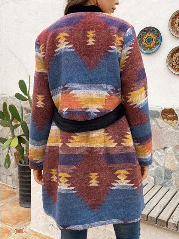 Casual printed long-sleeved woolen trench coat